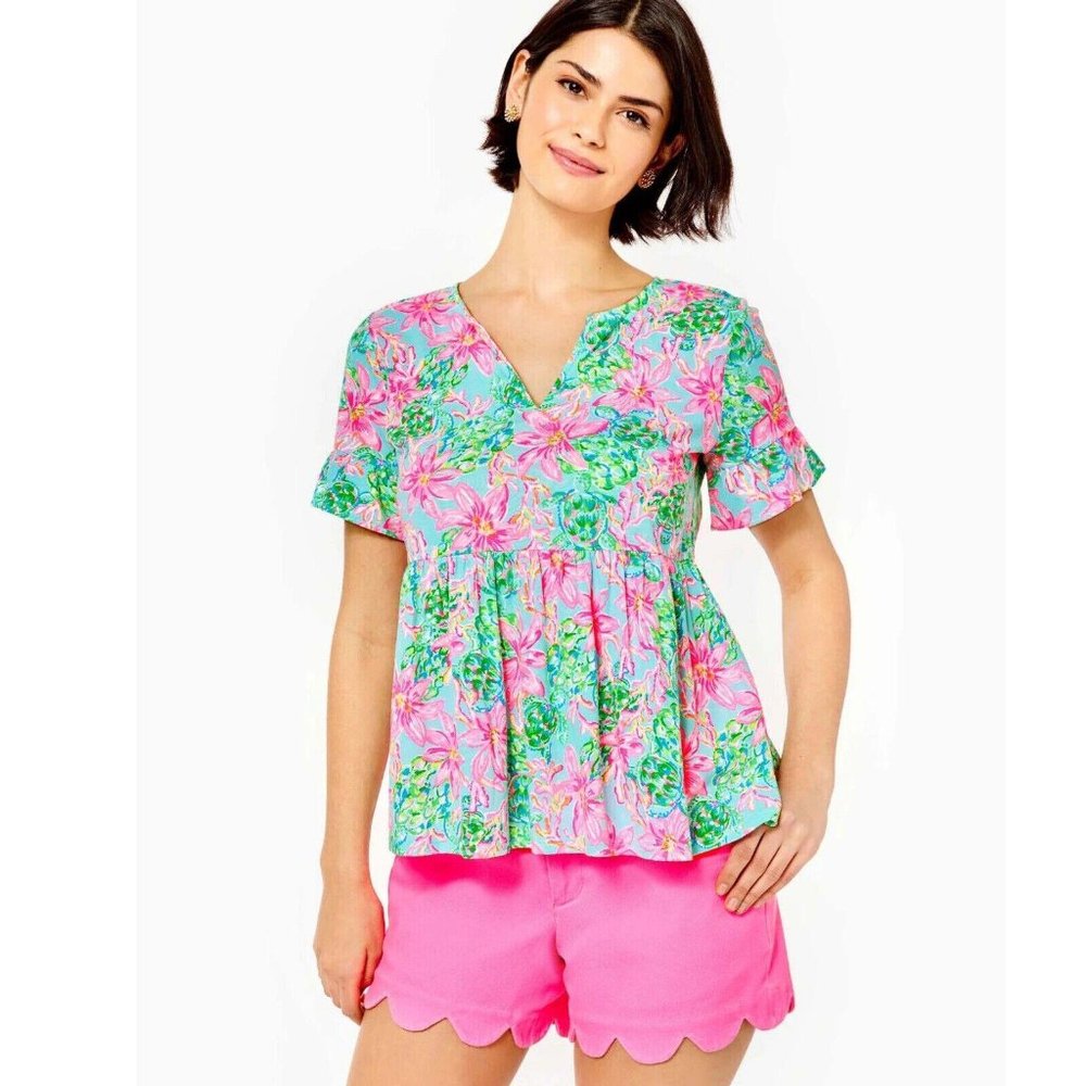 Lilly Pulitzer Jodee Swing Tunic Top Floral Printed Ruffle Cotton XS New